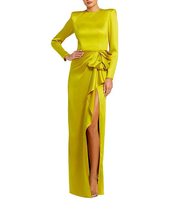 Modern Chic Discounts Boho - Chic Festival - Ready Style Long Sleeve Crew Neck Ruched Waist Draped Bow Thigh High Slit Satin A-Line Gown Cocktail Dresses