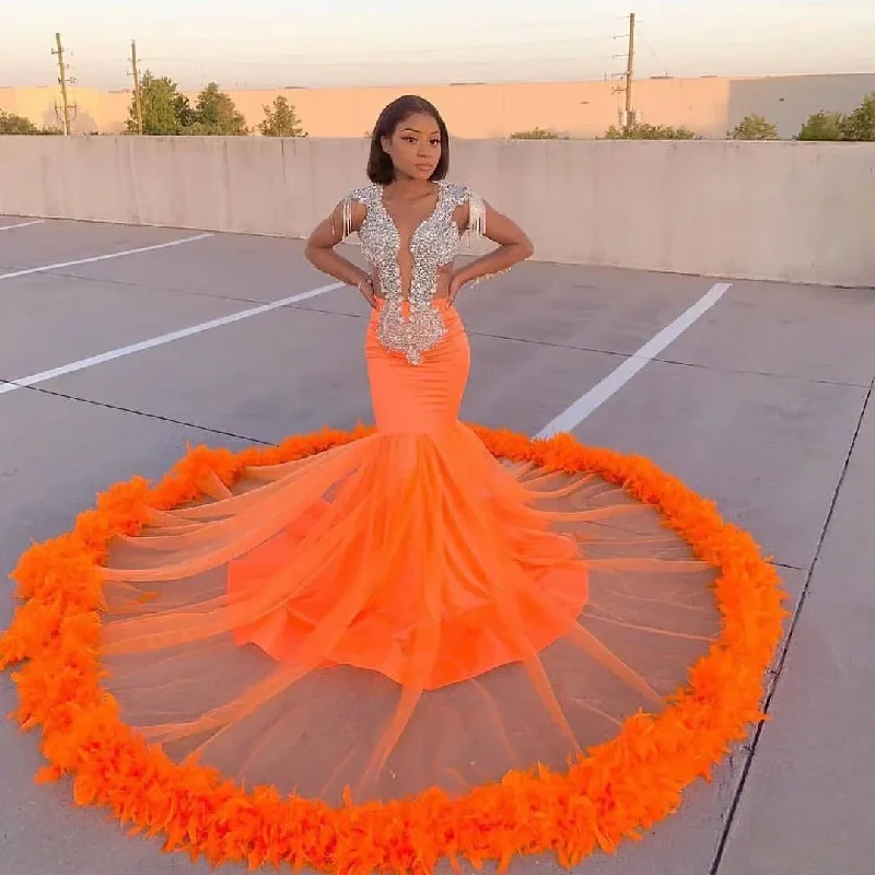 Athleisure Style Sale Chic Sophistication Orange African Prom Dresses Beading Sequined Deep V Neck Feahers Long Mermaid Eveing Dress Formal Party Gowns Vestidos Plus Size