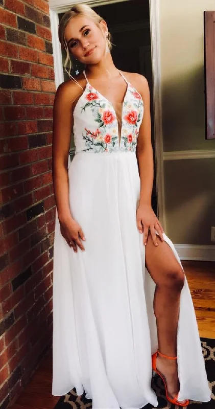 Summer Fashion Tropical Island - Inspired Attire White and Floral Long Prom Dress with Slit, 2020 Floral Prom Dress Formal Dress cg5343