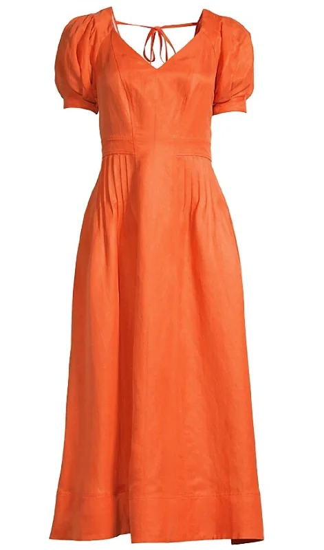 Urban Fashion Today Only Women's Opalz Fit And Flare Puff Sleeve Midi Dress In Orange