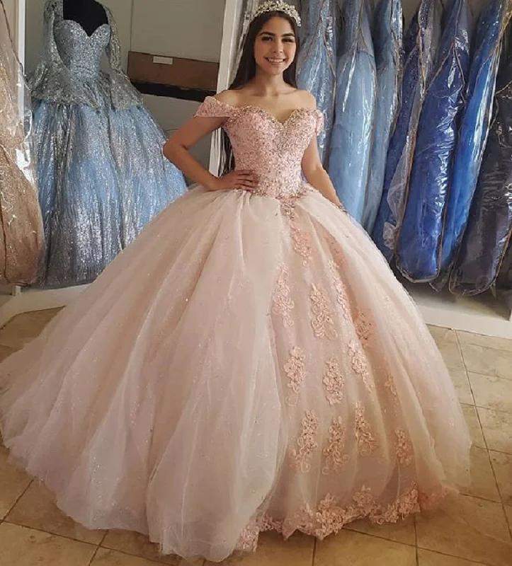 Absurdly Cheap Sale Tropical Island - Inspired Attire Blush Pink Puffy Sweet 16 Off Shoulder Ball Gowns Sixteen Beaded Crystal Light Pink Tulle Quinceanera Dress Princess Prom Dresses S27021