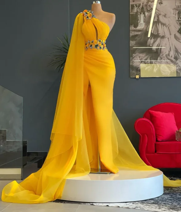 Best Sellers Feminine Flow Charming Yellow Mermaid Prom Dresses Crystals One Shoulder Evening Dresses Sleeveless Side Split Women Pageant Dressing Gowns,MW026