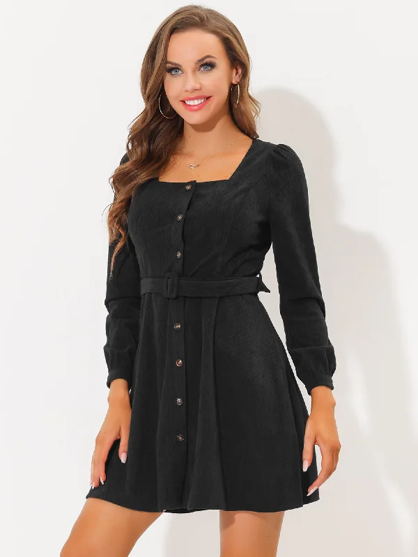 Seize Bargains Vintage Look Fall Winter Square Neck Long Sleeve Button Down Corduroy Dress