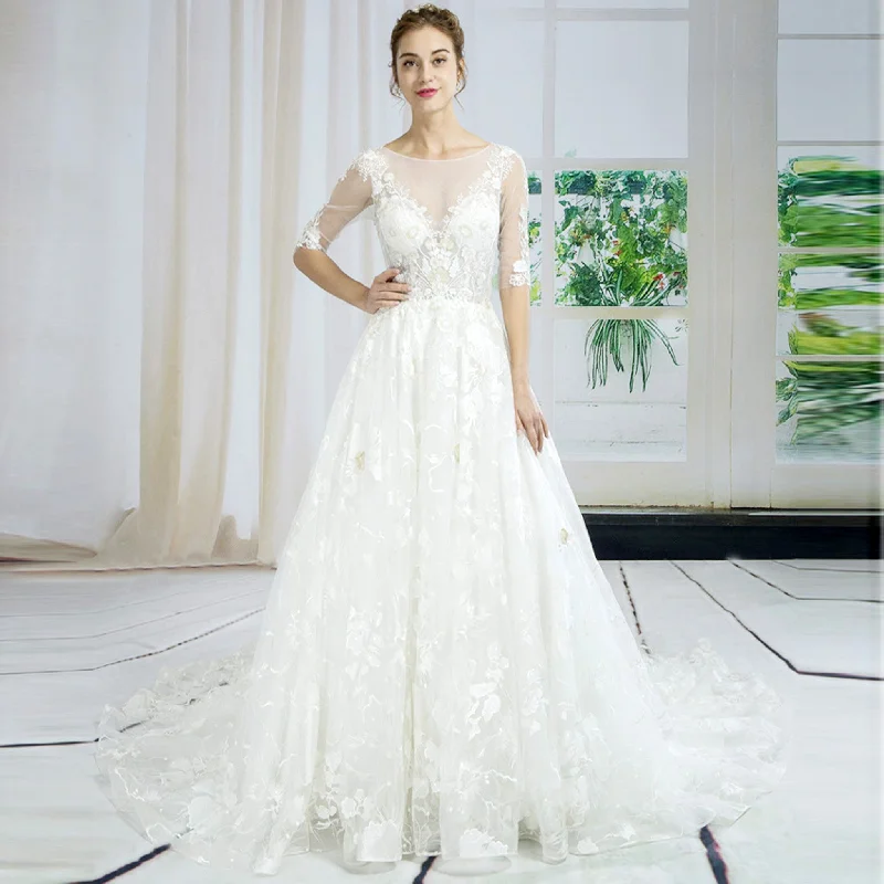 Laid-Back Fashion Offers Nordic Minimalist Home Look Half Sleeve Sheer Floral Lace A-line Wedding Dress with Chaple Train