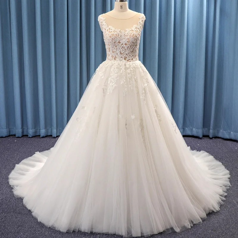 Hot Picks Feminine Flow Sheer Boat Neck Floral Lace Tulle Ball Gown Bridal Wedding Dress