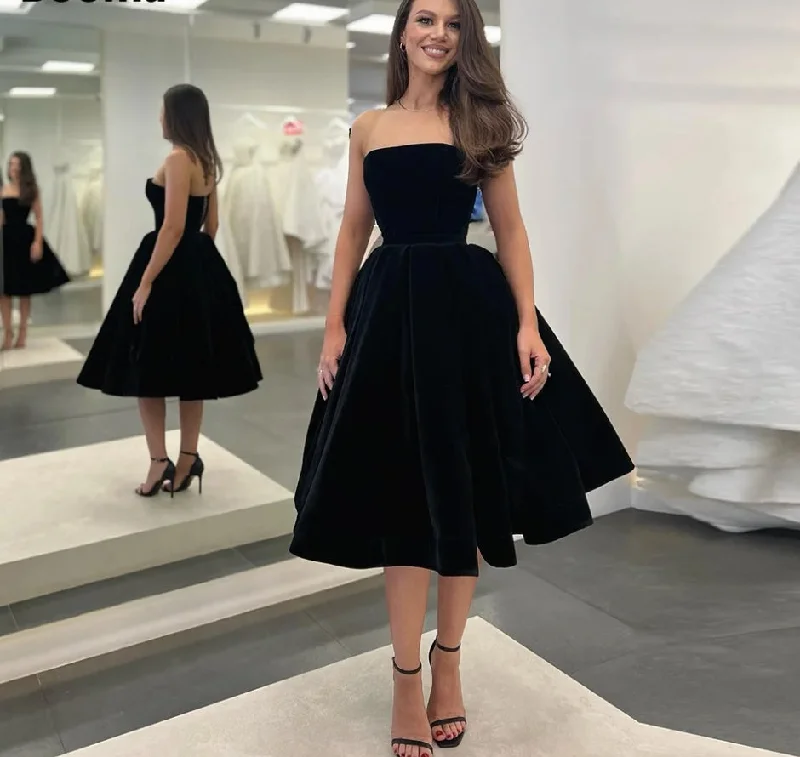 High-End Style Discounts Refined Look Elegant Velvet Short Little Black Dresses Strapless Tea-Length A-Line Prom Gowns Simple Velour Midi Party Dresses