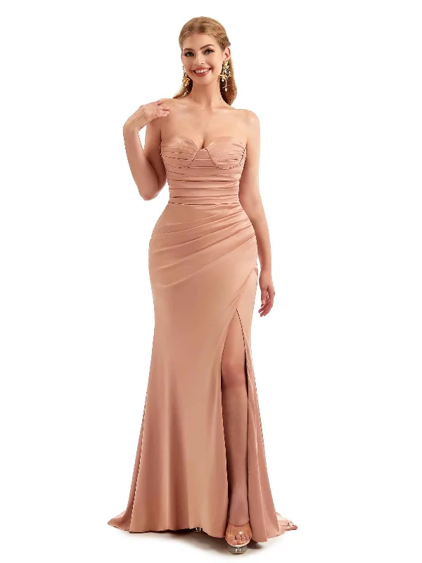 End Of Season Sale Everyday Glamour Strapless Sweetheart Sexy Side Split Stretch Satin Wedding Guest Dresses