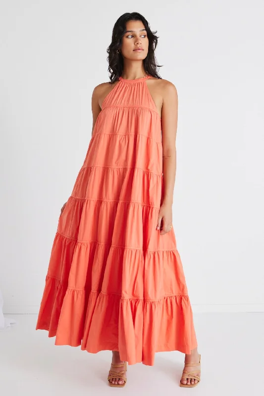 Seasonal Sale Final Clearance Kaye Watermelon Sleeveless High Neck Tiered Maxi Dress