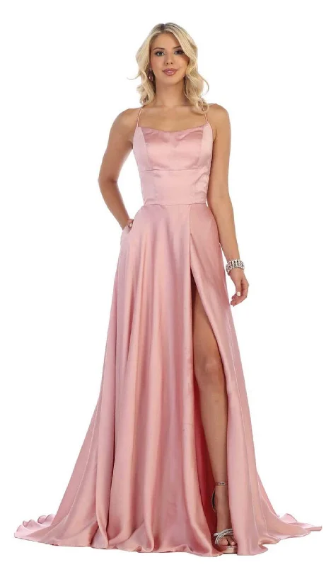 Unleash Your Trend Driven Style Modern Glamour May Queen - MQ1642 Halter Neck Tie String Back A-Line Satin Gown