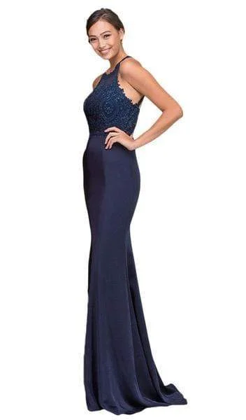 Limited Time Special Offer Polished Finish Eureka Fashion - Applique Halter Stretch Satin Trumpet Dress 7133 - 1 pc Navy In Size L Available