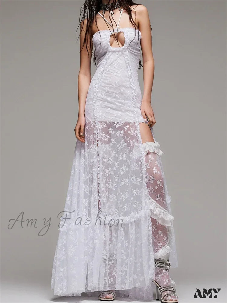 Relaxed Style Weekend Special Amy Fashion - Lace Floral Halter Tie-up Off Shoulder  for Women Mesh See Through High Split Hollow Out Vestido