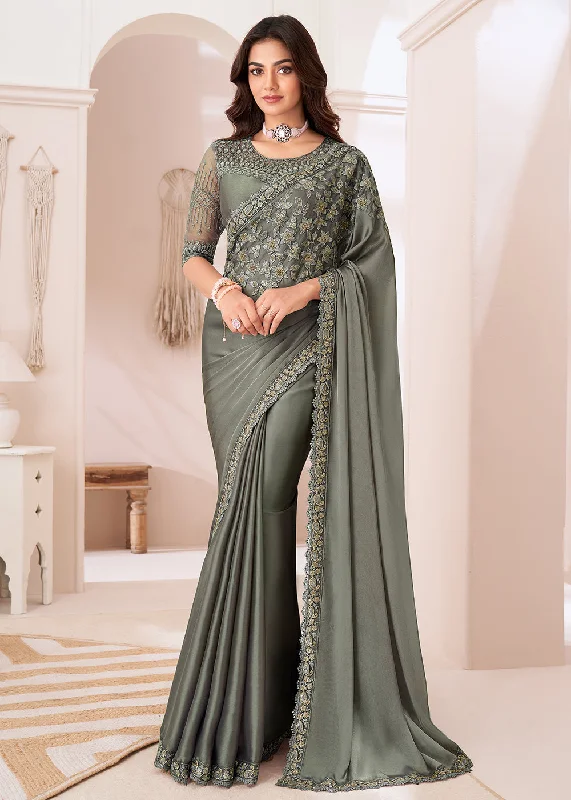 Don't Miss Out Refined Look Attractive Moss Grey Satin Silk Designer Wear Saree