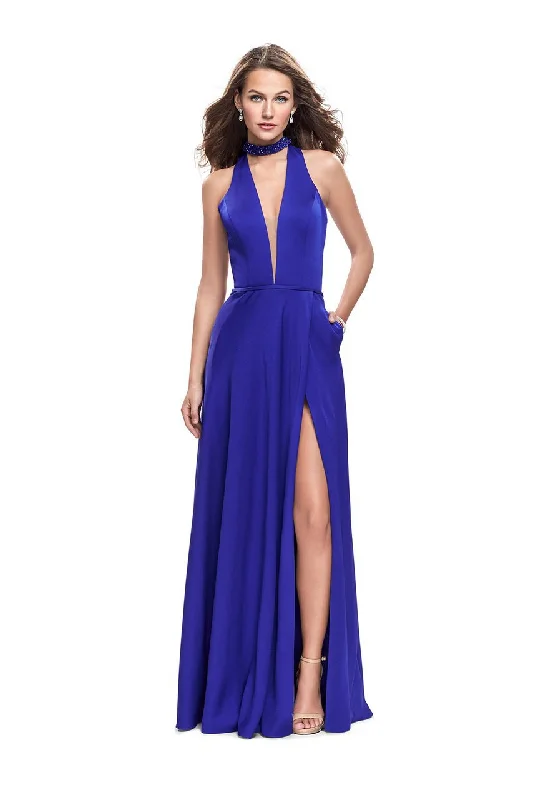 Hot Sale Feminine Elegant La Femme - 26154 Deep V-neck with Choker Satin A-line Gown