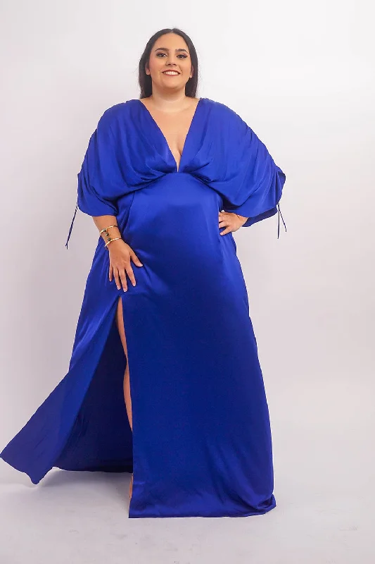 Relaxed Style Graceful Cut Cobalt Satin Kasumi Maxi Dress