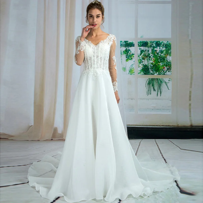 Statement Fashion Offers Chic Allure Sheer Long Sleeve V-neck & Back Bridal Gown Wedding Dress