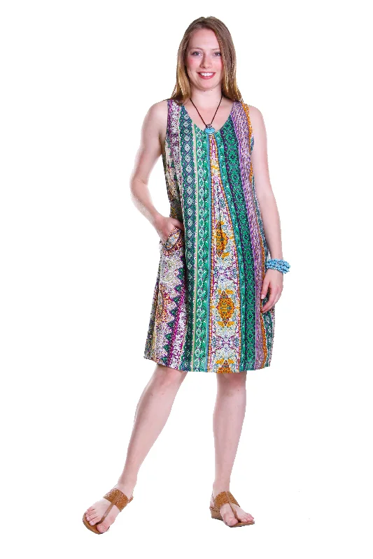 Hot Sale Rustic Countryside Charm Look La Cera Green Multi Print Sleeveless Dress