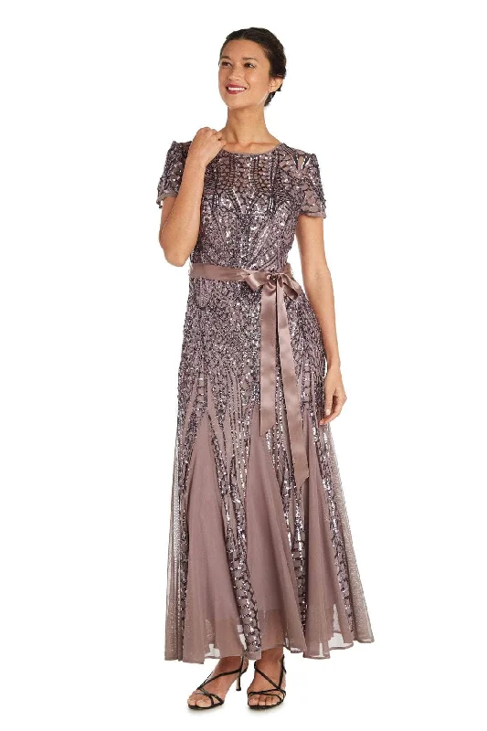 Chic And Edgy Flowy Fabric R&M Richards - 1875W Plus Size Embellished Gown with Satin Waist Tie - 1 pc Mocha In Size 16W Available