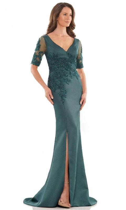 The Latest Fashion Trends Casual Elegance Marsoni by Colors MV1173 - Embroidered V-Neck Satin Formal Gown