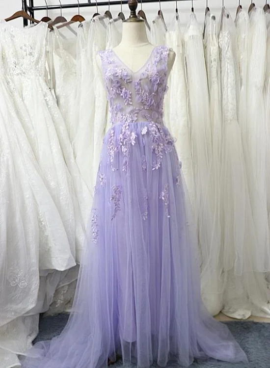 Sophisticated Style Offers Chic Sophistication Charming Tulle Floral Light Purple Long Party Dress, A-Line Prom Dress 2021   cg14973