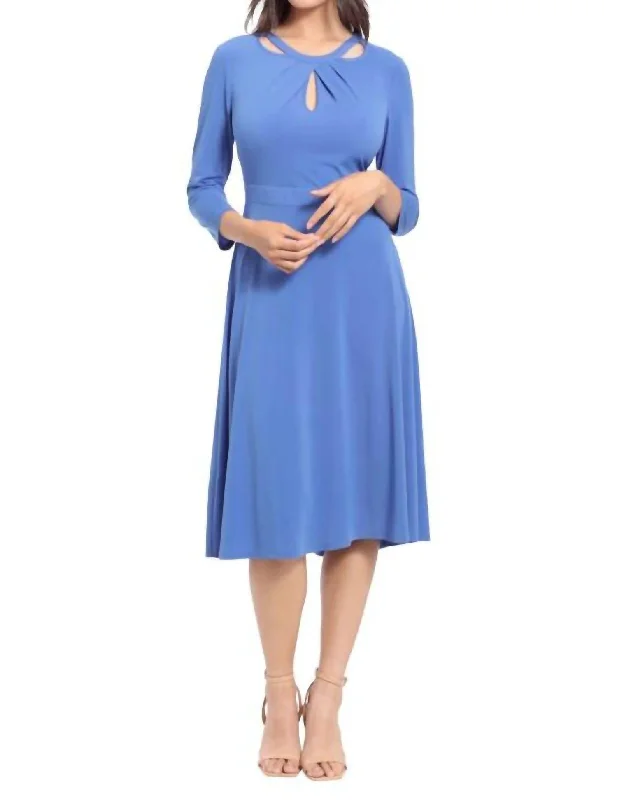 Vintage-Inspired Style Offers Romantic Detailing Multi Keyhole Midi Dress in Blue