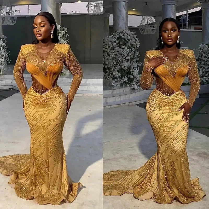 Low Price Special Ethnic Cultural Event Wear Elegant Gold Sequins Mermaid Prom Dresses Jewel Long Sleeves Beaded Applicant Ruffle Plus SIze Zipper Chapel Eevning Gown