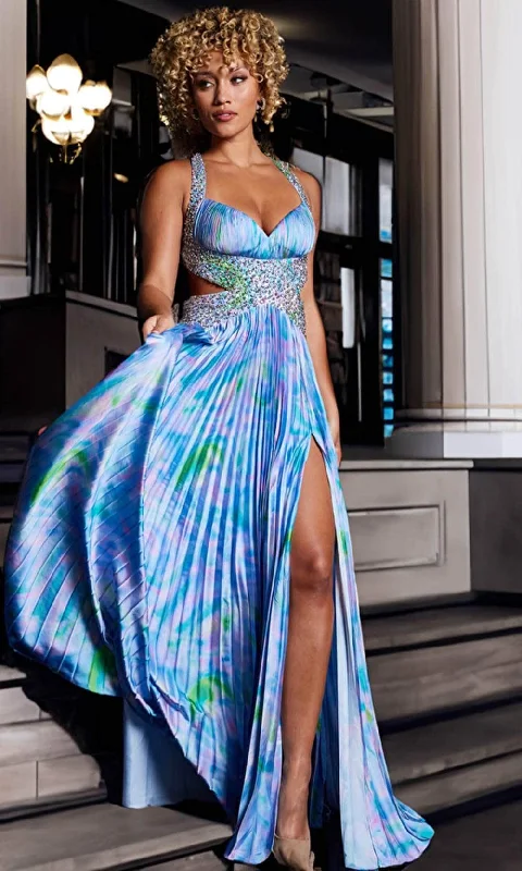 Unleash Your Fashion Chic Sophistication Jovani 38722 -  Print Detail Satin Sheath Gown