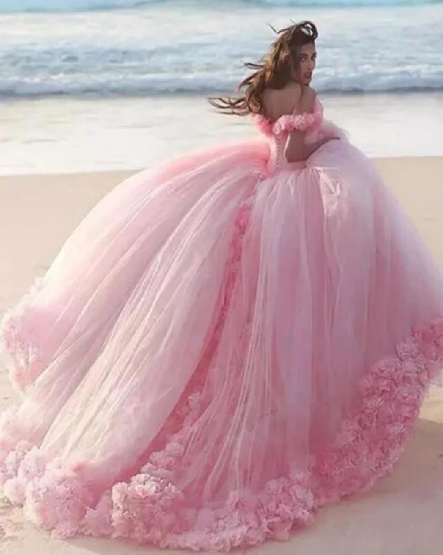 Stylish Looks Nordic Minimalist Home Look Romantic Poofy Pink Floral Wedding Dresses Off the Shoulder Ball Gown Quinceanera Dress SA933