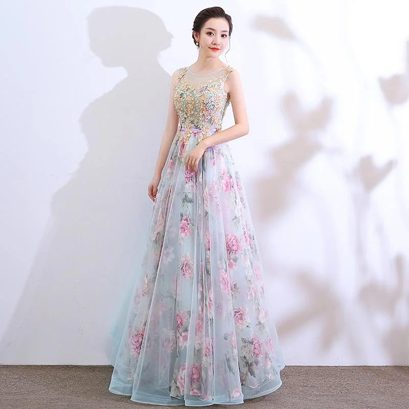 Trend Forward Threads Elegant Contour Beautiful Floral Tulle And Lace Long Party Dress, A-Line Evening Dress prom dress evening dress   cg12069