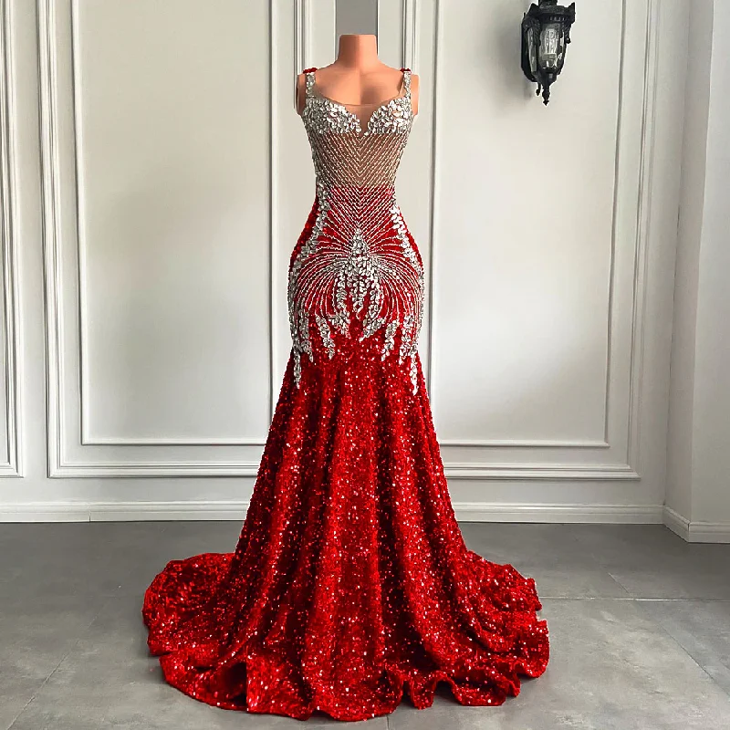 Classic Elegance Sales Flowing Silhouette Long Red Prom Dresses Sparkly Luxury Silver Diamond Crystals Mermaid Style Fitted Black Girl Sheer Mesh Prom Gala Gowns