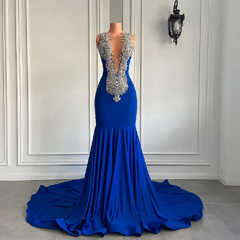 Summer Deals Vintage Charm Long Elegant Prom Dresses Sexy Mermaid Style Luxury Sparkly Diamond Royal Blue Spandex Black Girl Prom Gala Gowns