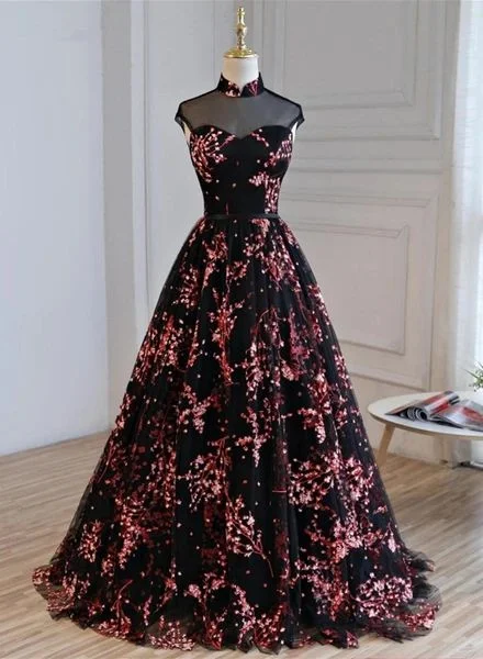 Insane Discount Onslaught Modern Romance Gorgeous Black Tulle Long Formal Gown, Floral Evening Party Dress Prom Dress    cg12644