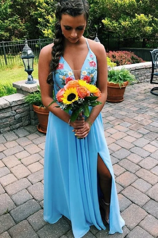 Chic Style Discounts Formal Outfit Halter Baby Blue Floral Long Prom Dress with Side Slit, Sexy Evening Party Dress  cg3832