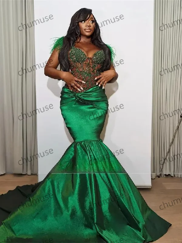 Discover Now Contemporary Elegance Green Beaded Mermaid Evening Dresses Feathers Luxury Women Prom Gowns