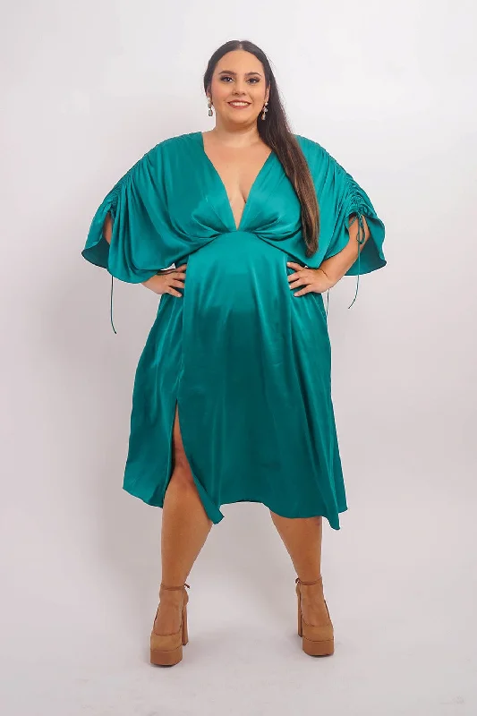 Premium Fashion Elegant Ensemble Hunter Green Satin Kasumi Midi Dress