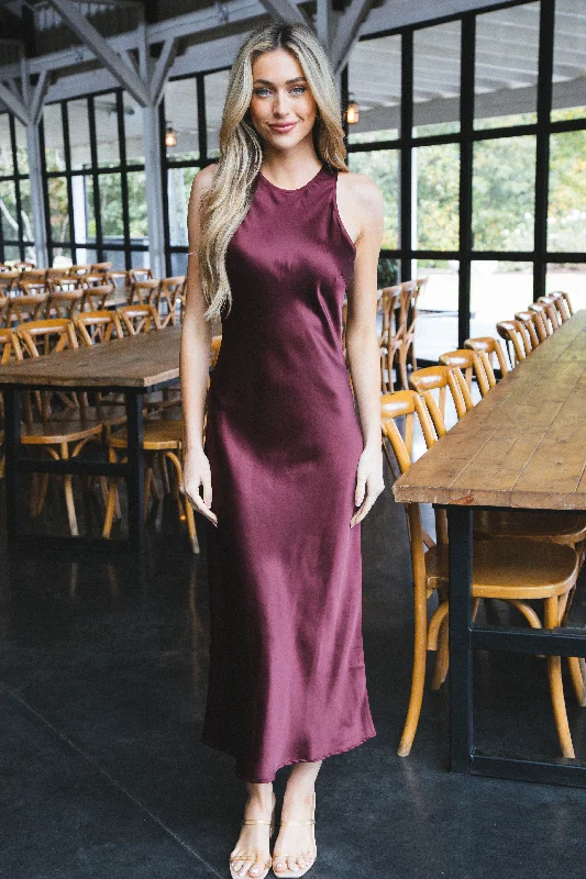 Minimalist Fashion Sale Luxe Layering Afterglow Satin Long Dress, Wine