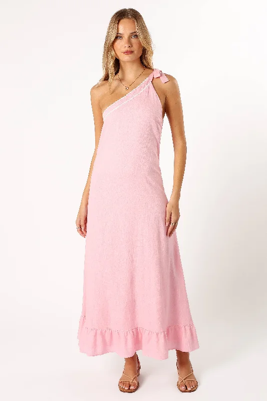 Boutique Styles Vintage Elegance Fleaur One Shoulder Maxi Dress - Pink