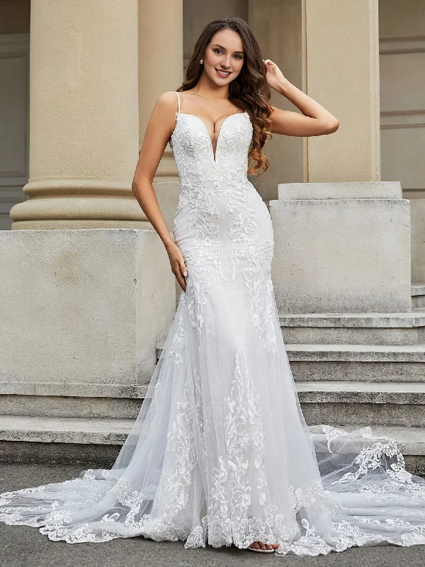 Fashion-Forward Feminine Soft - Hued Look Fish tail lace church trailing wedding dress