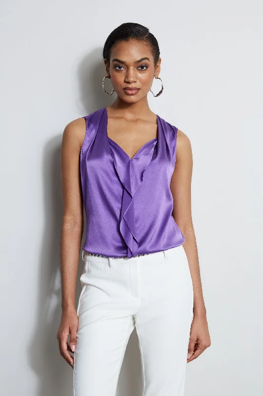 Holiday Attire Sale Seasonal Trend Silk Satin Sleeveless Cascade Shirt