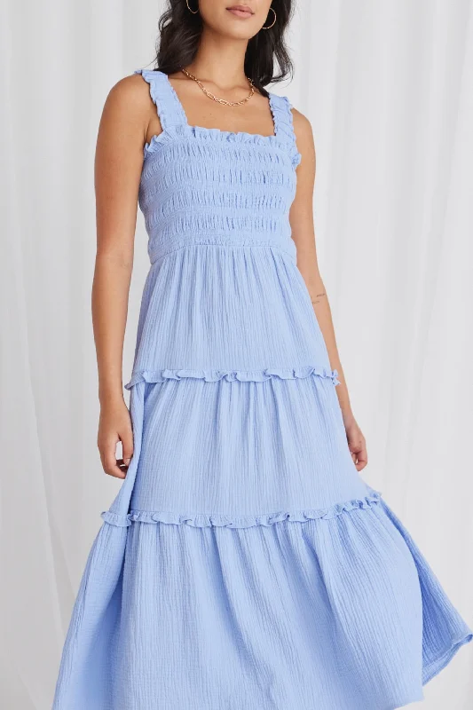 Stylish Deals Statement Piece Worthy Powder Blue Shirred Tiered Strappy Maxi Dress