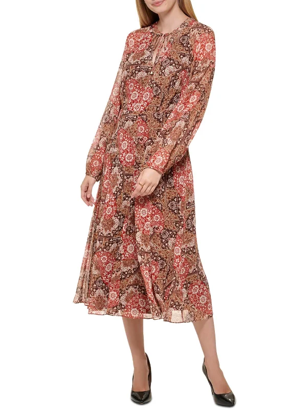 Top Deals Seasonal Trend Tapestry Womens Tie Neck Printed Midi Dress