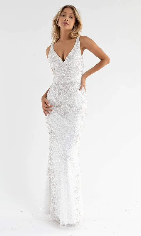 Fashion Forward, Function First Romantic Detailing Primavera Couture - 3741 V-Neck Beaded Lace Long Gown