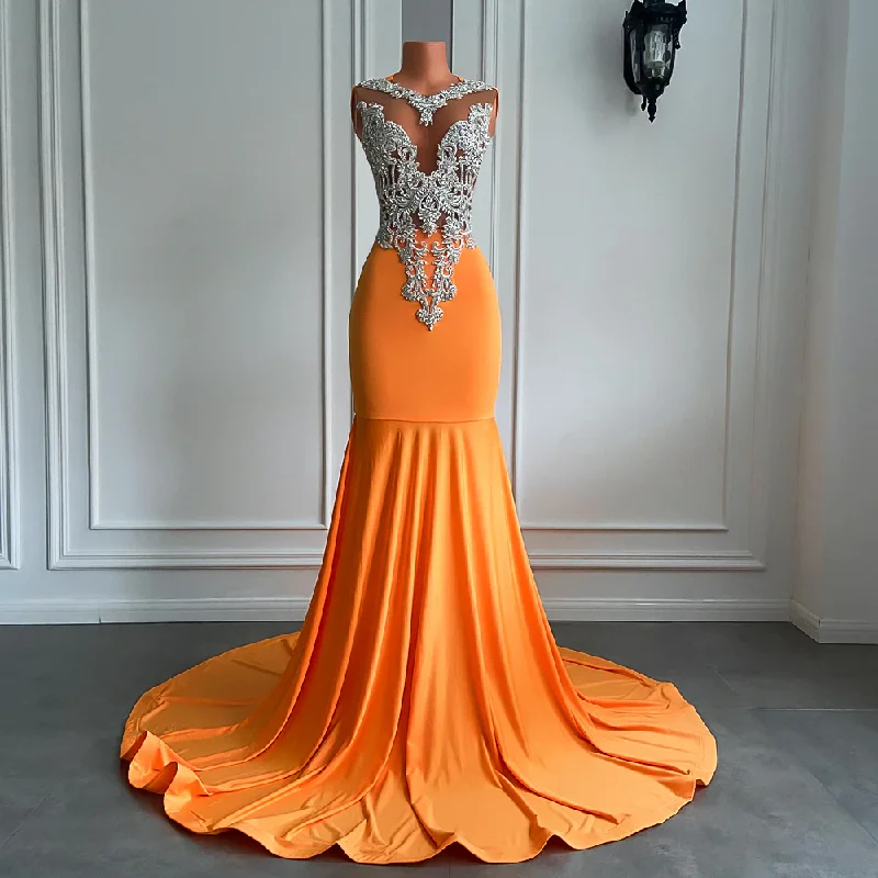 Bold Style Discounts Minimalist Elegant Long Orange Prom Dresses Sexy Mermaid Style Fitted Silver Beaded Embroidery Orange Spandex Black Girl Prom Formal Gowns