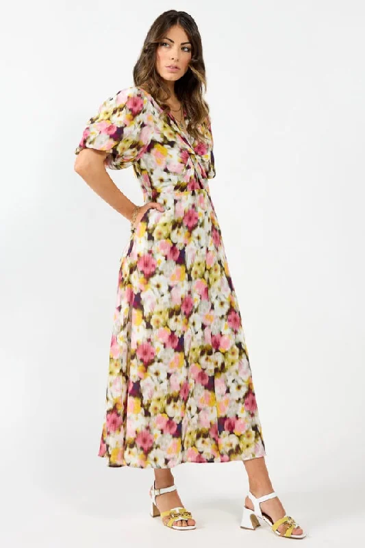 Budget-Friendly Fashion Big Savings on Minimalist Office Styles Halo Pink Monet Puff Sleeve Maxi Dress