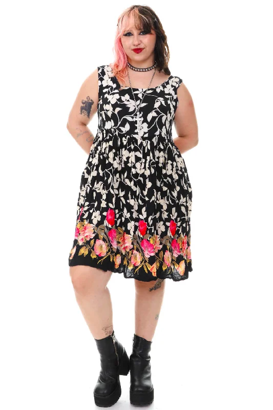 Season Sale Exquisite Craftsmanship Vintage 90's Black & White Floral Tank Dress - L/XL/2X