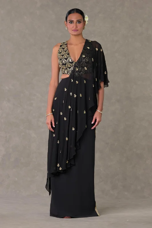 Contemporary Casual Deals Contemporary Elegance Black Paan-Phool Embroidered Saree Gown