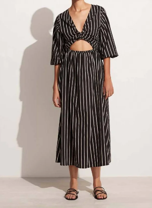 Stay Ahead In Style Romantic Flair Monikh Midi Dress In Adia Stripe Print - Black