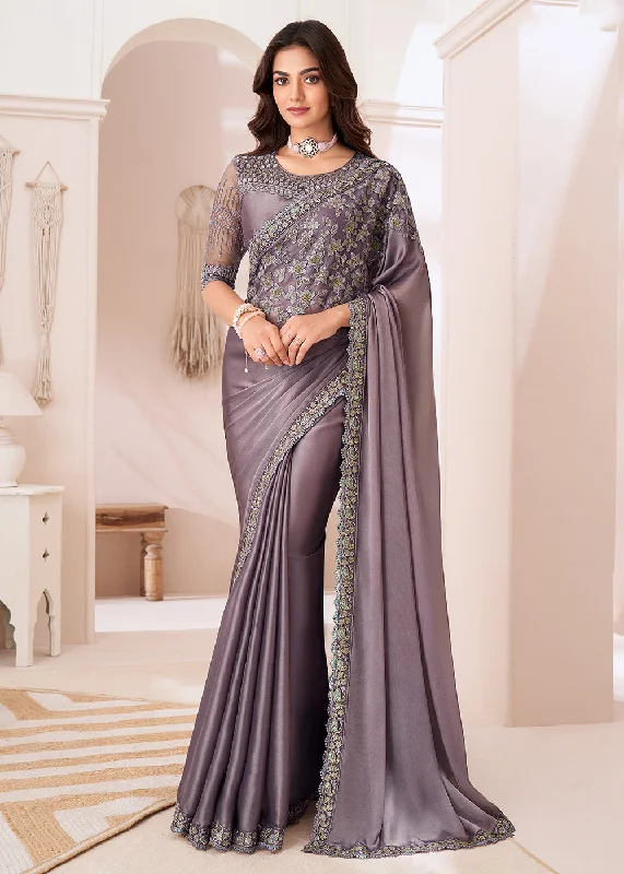 Seasonal Picks Artful Design Attractive Dusty Purple Satin Silk Designer Wear Saree