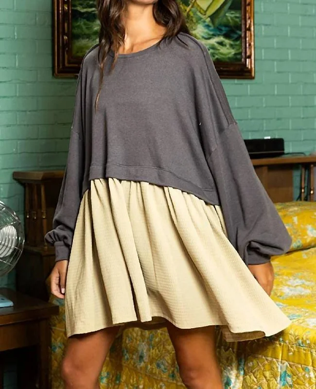 Chic Trends Unveiled Casual Chic Dolly Contrast Color-Block Oversize Mini Dress In Charcoal/taule