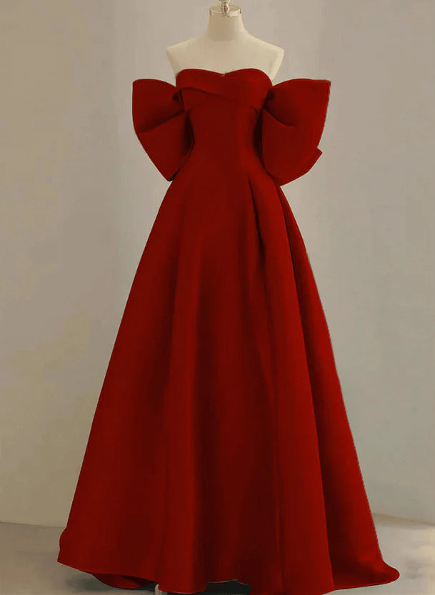 Luxury Casual Deals Ethnic Cultural Event Wear Wine Red Satin Long Prom Dress Party Dress A-line Wine Red Evening Dress