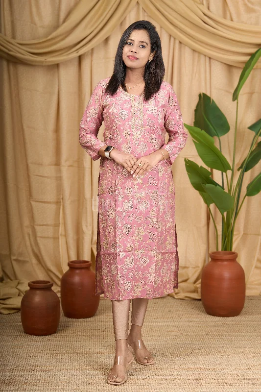 Fashion Essentials Flash Sale Purple Muslin Silk Straight Kurta with Floral Print and Button Detailing for Women